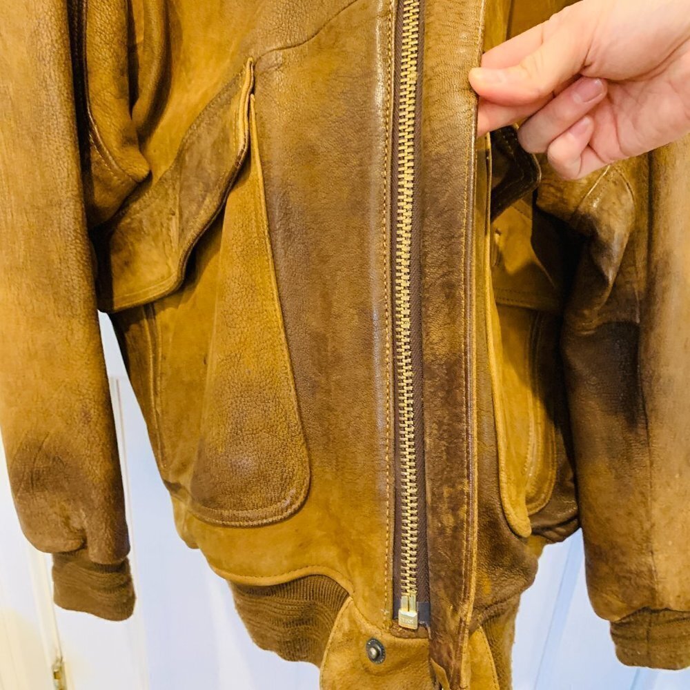 M Julian Brown Leather Bomber Aviator Flight Jacket Vintage Size L/XL - Picture 6 of 16
